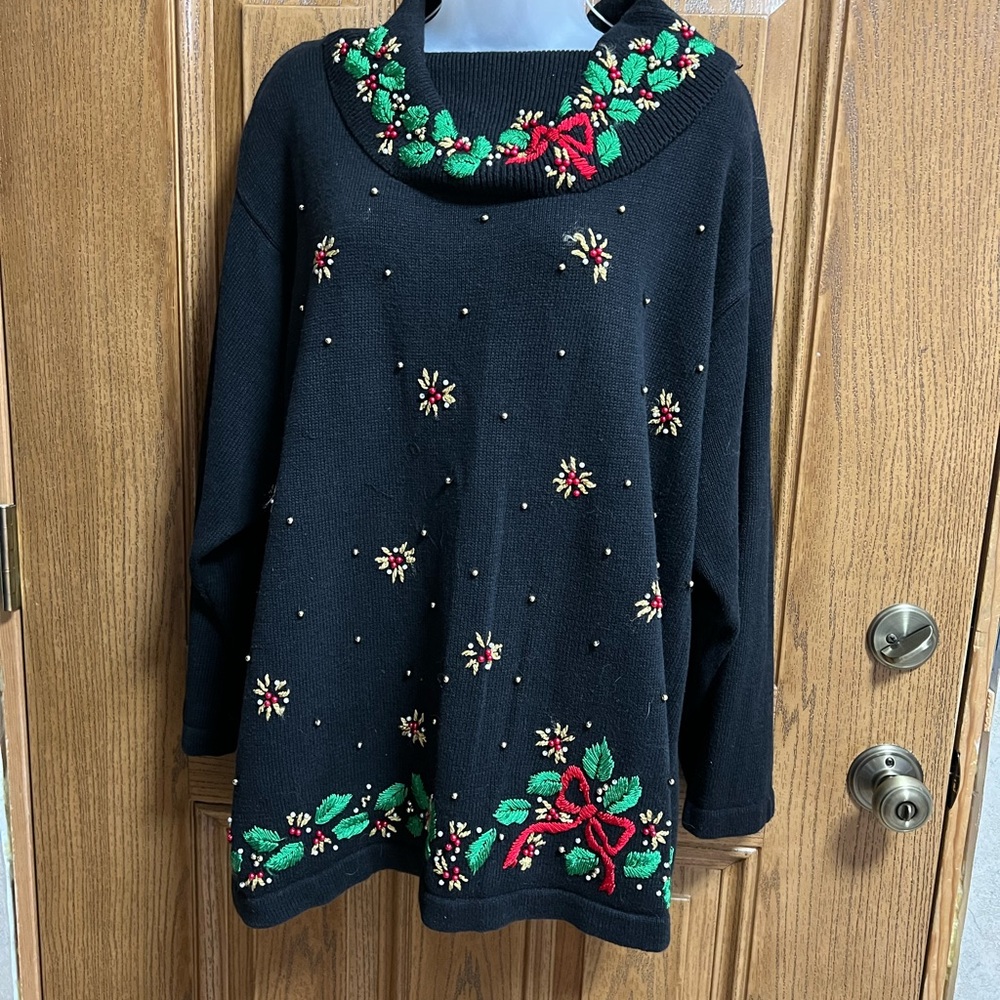 Festive Black Sweater with Floral Accents